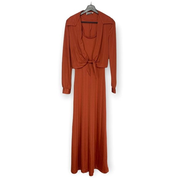Vintage 70s Hubba Hubba Burnt Orange Maxi Dress Cardigan Set Large - Picture 1 of 15